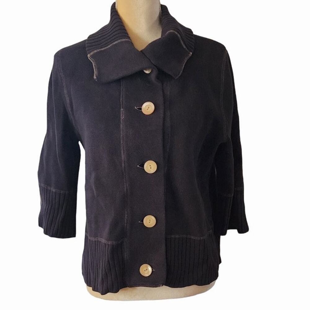 J.jill Women's Wide Collar Big Button Down 1/2 Sleeves Gray/Blue Sweater Large
